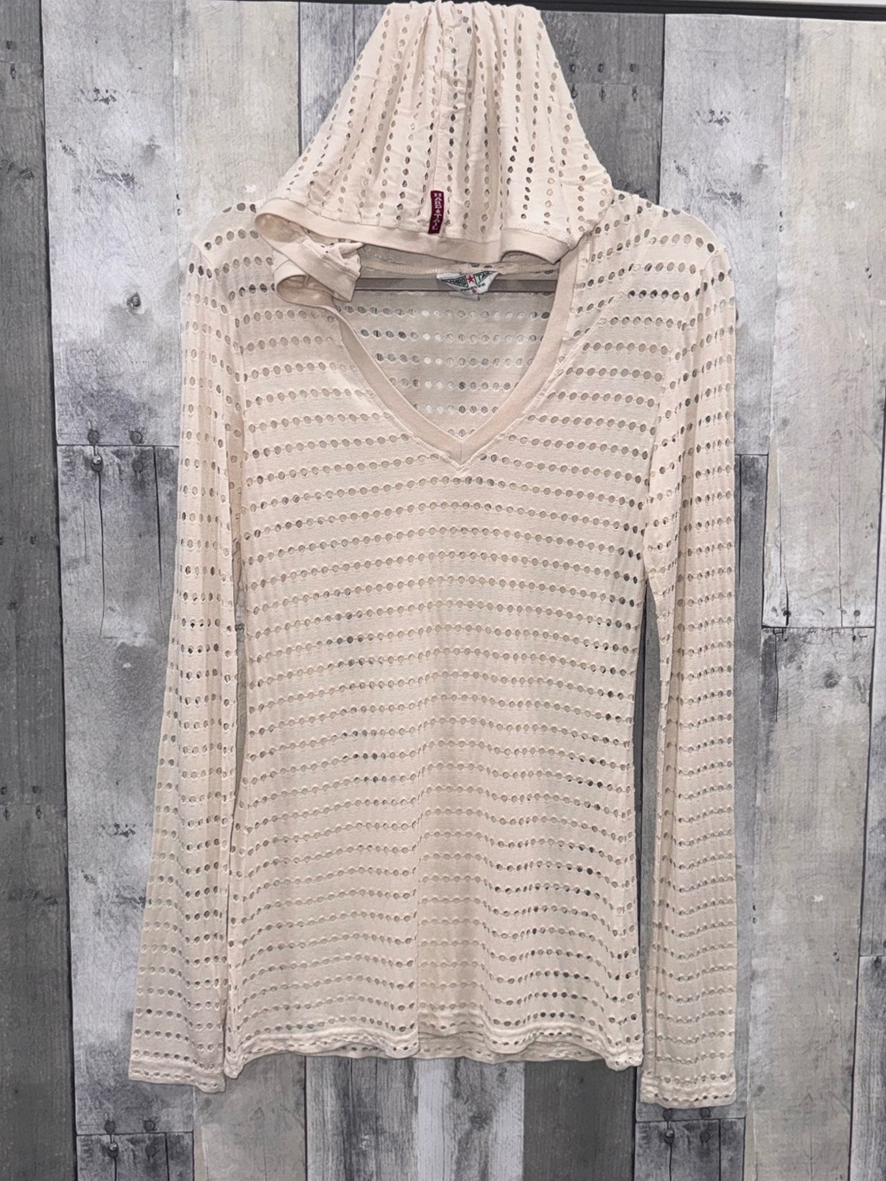 Hard Tail Beige Eyelet Hooded Long Sleeve Mesh Top Sz. Small